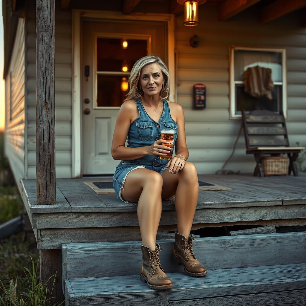 Woman Relaxing on Mobile Home Porch in Sunset Glow