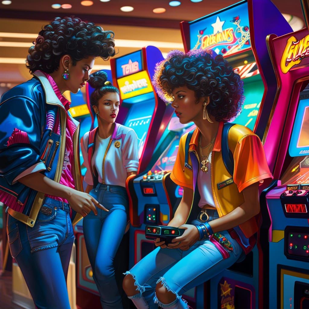 Teenagers Play Arcade Games in 1980s Mall