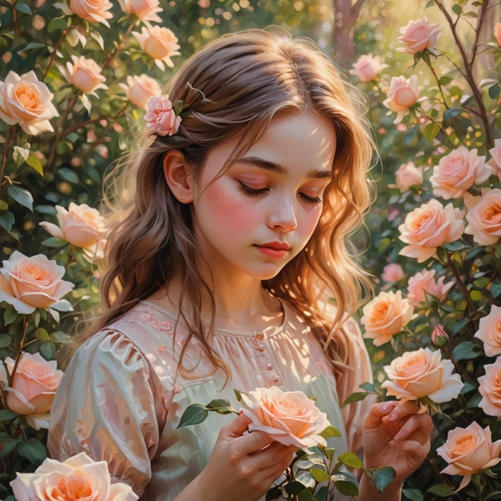 Impressionist Portrait of Girl Smelling Roses