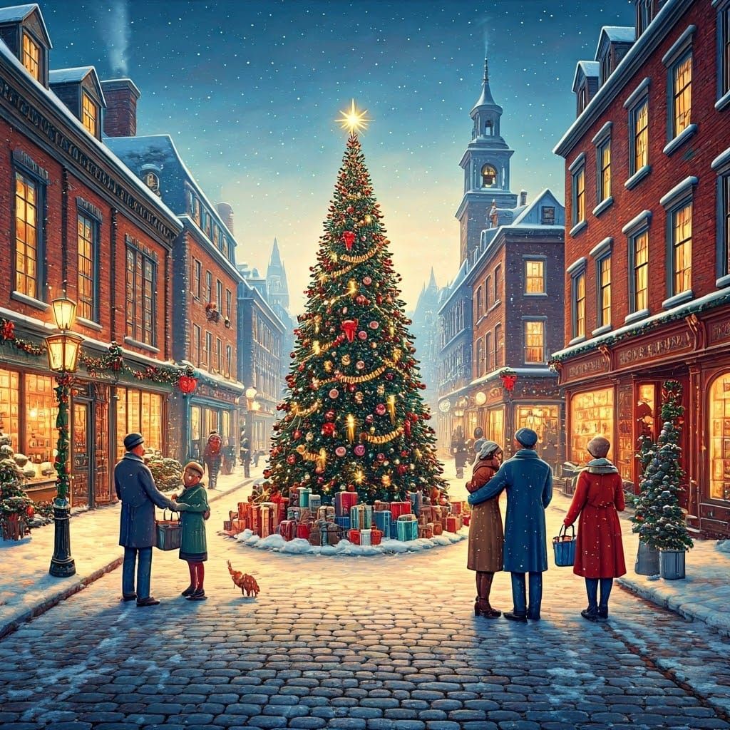 Festive Christmas Morning in Quaint Town Square