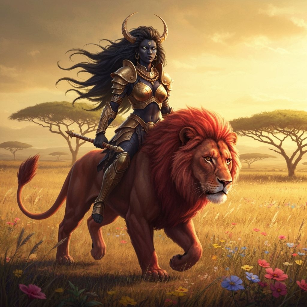 Black Lion Goddess Riding a Red Lion