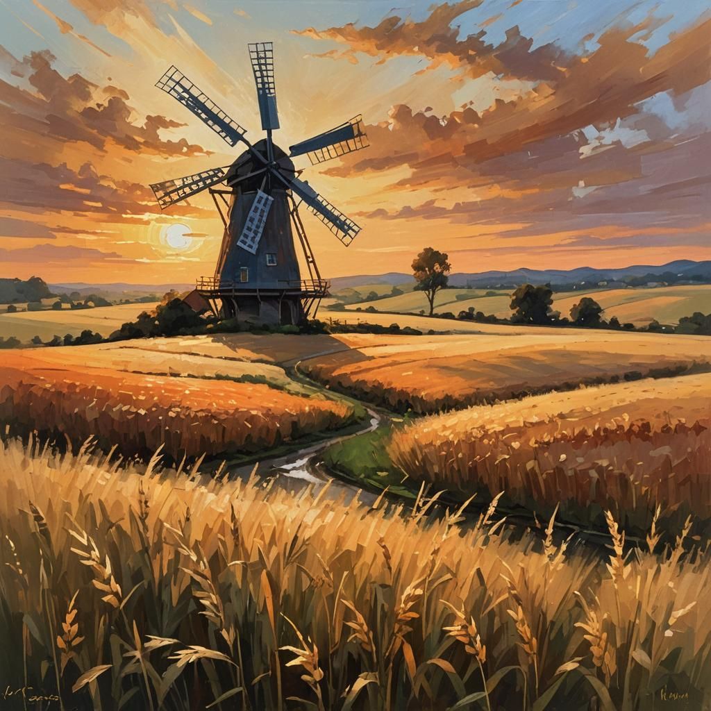 Golden Sunset Windmill: Impressionist Oil Painting