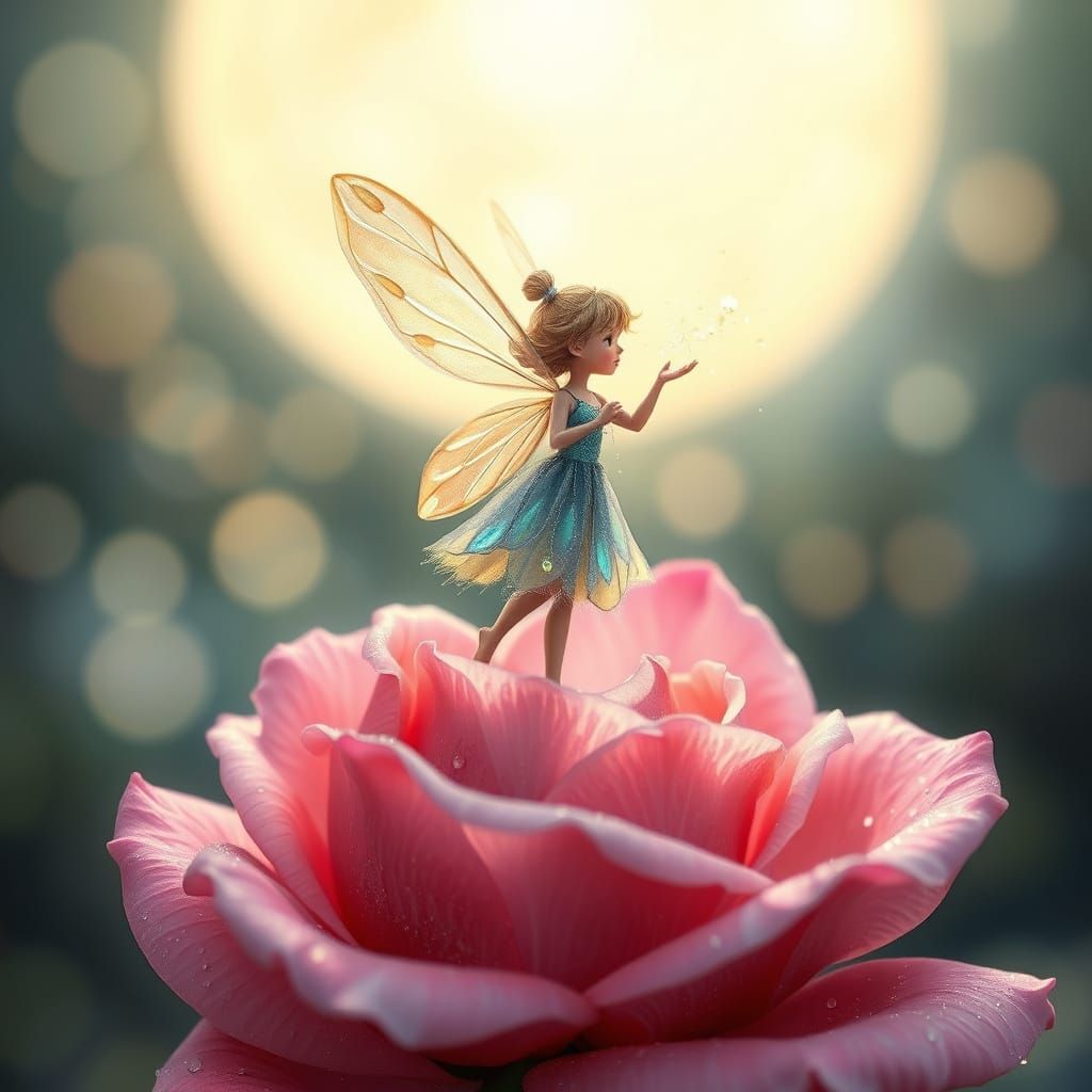 Iridescent Fairy Magician Conjuring Dust on Rose