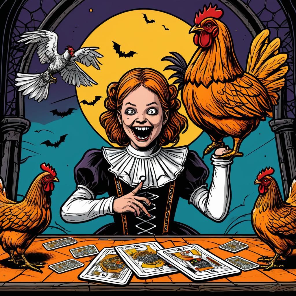 Humorous Tarot Card: Hands Choking Chicken in Comic Style