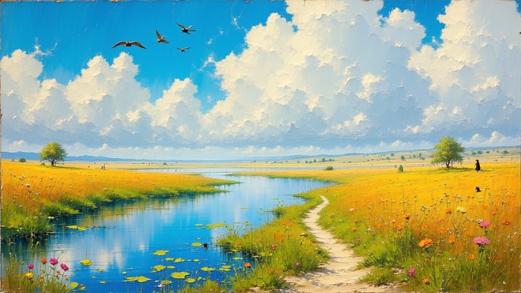 Egrets Flying Over Desert Rice Fields in Impressionist Style