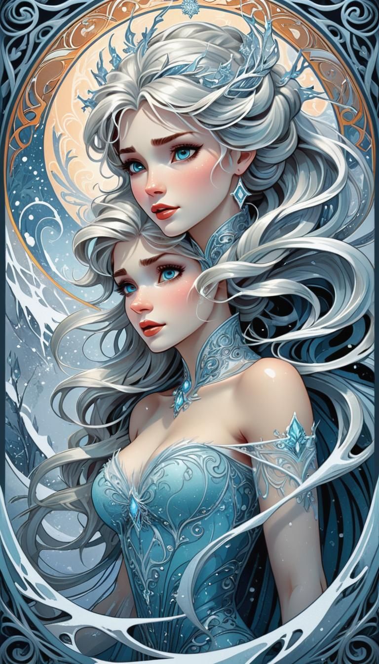 Jack Frost and Elsa in Art Nouveau Winter Blizzard