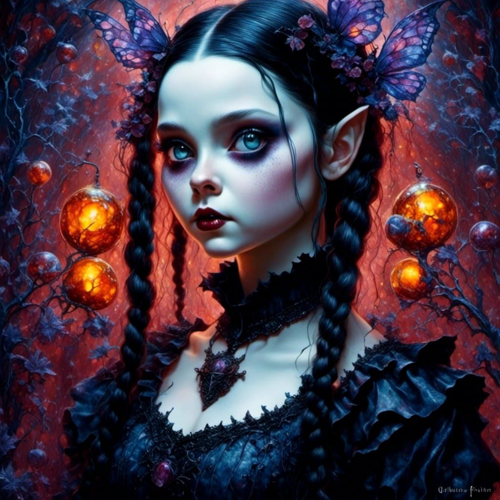 Biopunk Wednesday Addams Portrait in Alcohol Ink Style