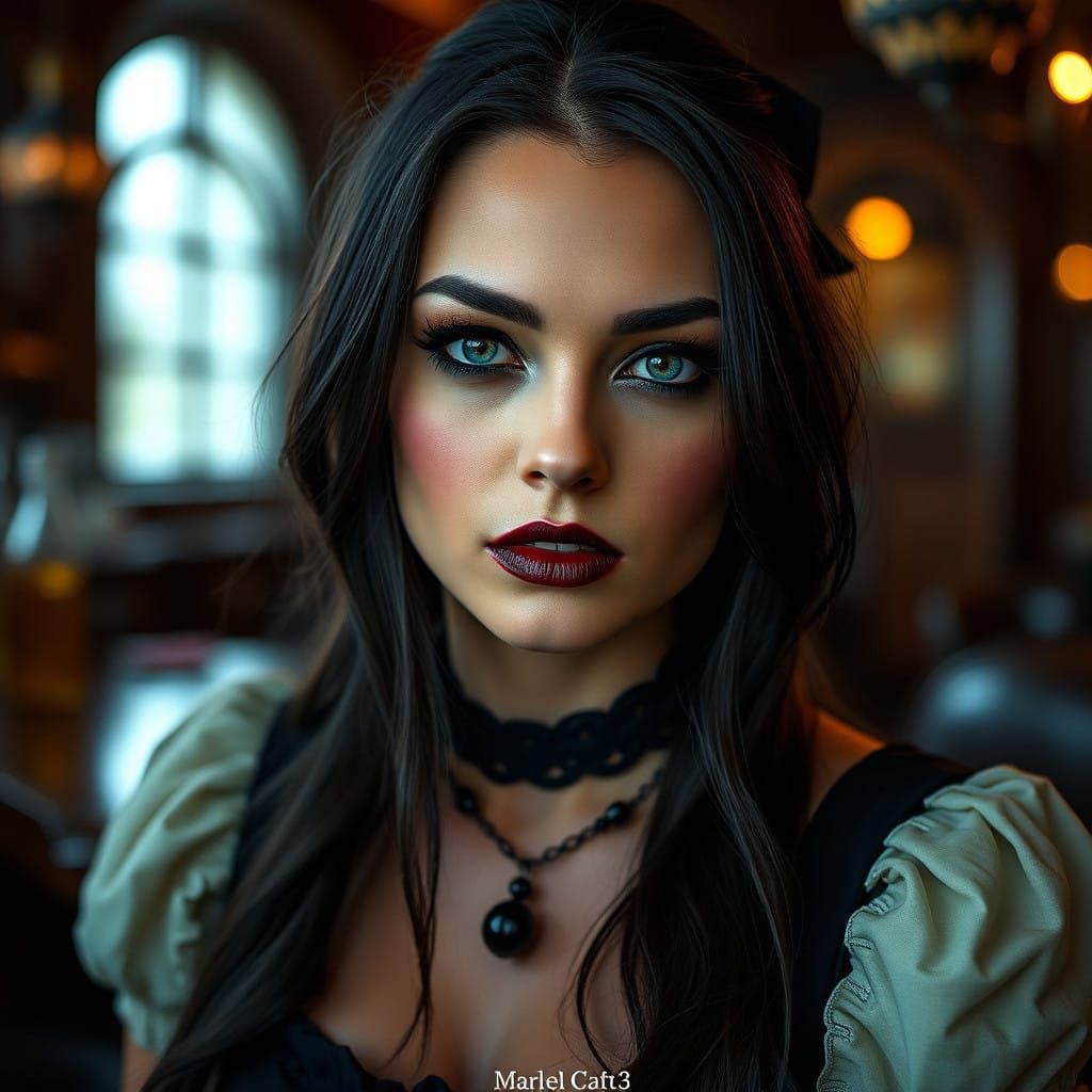 Skarlett, Gothic, Heavy make-up, Black shiny pantyhose, ballerina shoes, Saloon in the year 1830