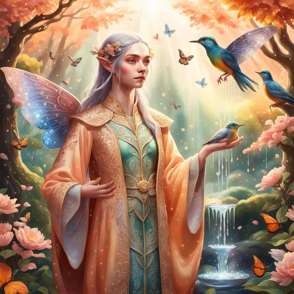 Gentle Elf Goddess Nourishes Wildlife in Vibrant Peach Fores...