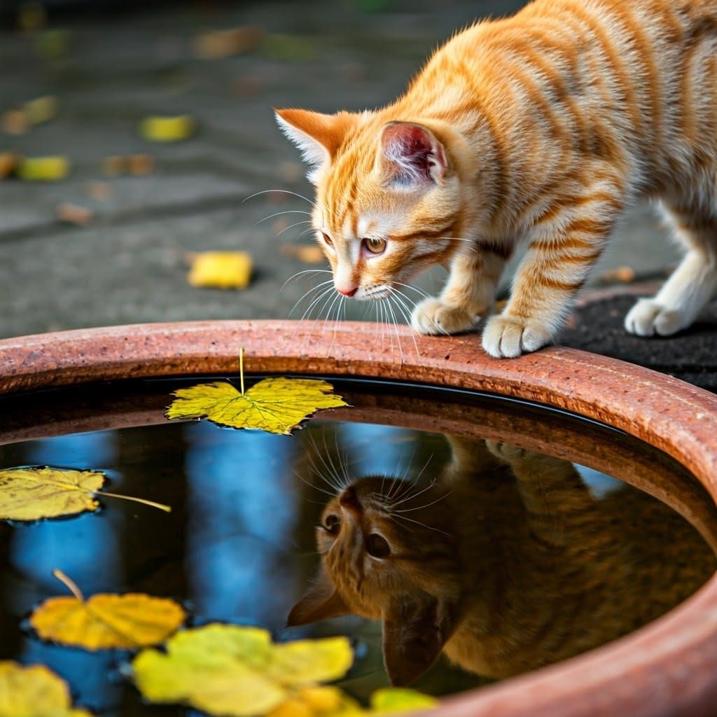 Ginger Kitten Contemplates Reflections in a Serene Ceramic B...