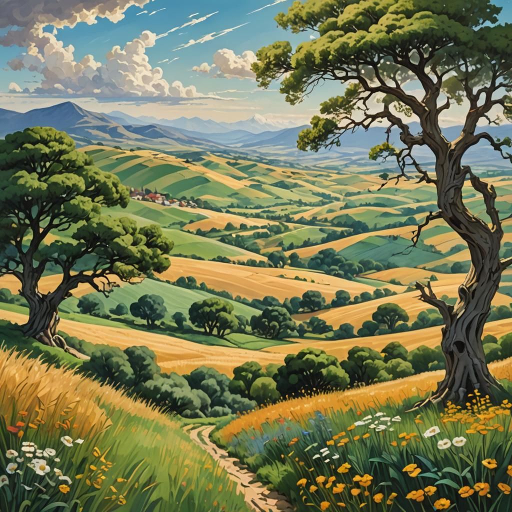 Verdant Landscape with Emerald Hills, Matte Painting