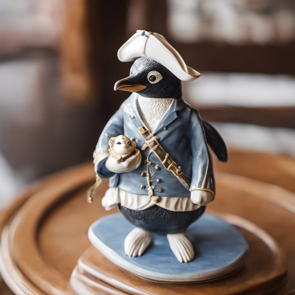 Pirate Penguin on Ship: Wedgewood-Style Statue