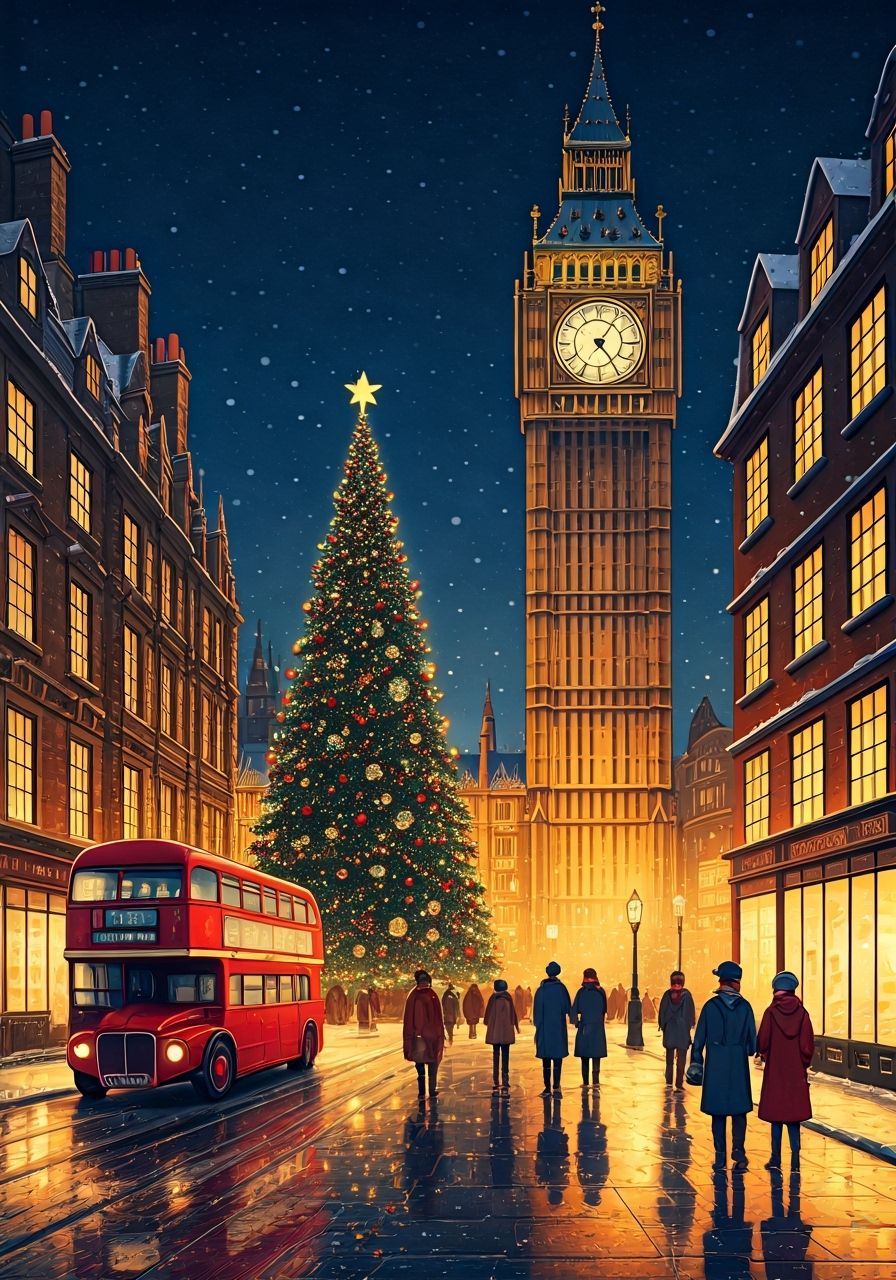 Festive London Christmas Night with Big Ben and Snow