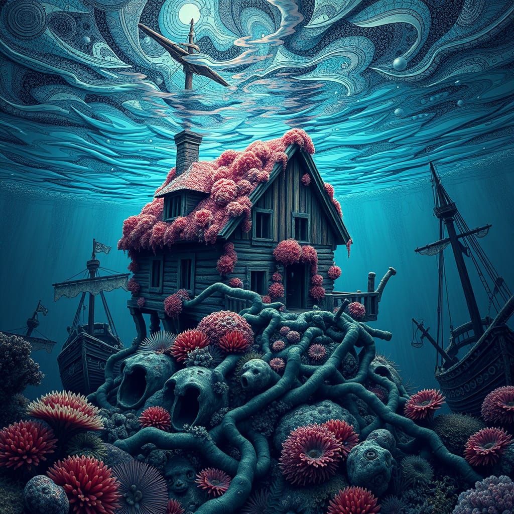 Underwater House with Sunken Pirate Ships in Abstract Style
