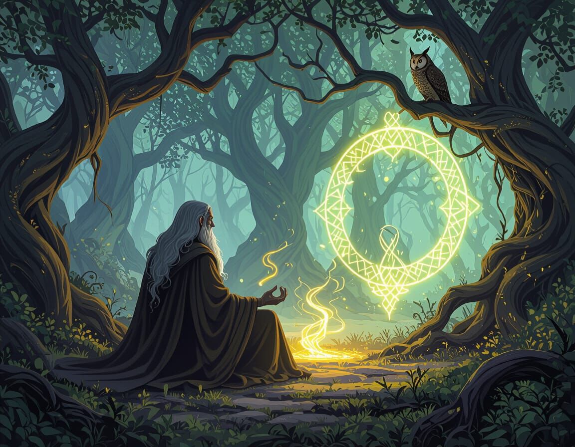 Druid Meditation in Mystical Forest: Dark Fantasy Art