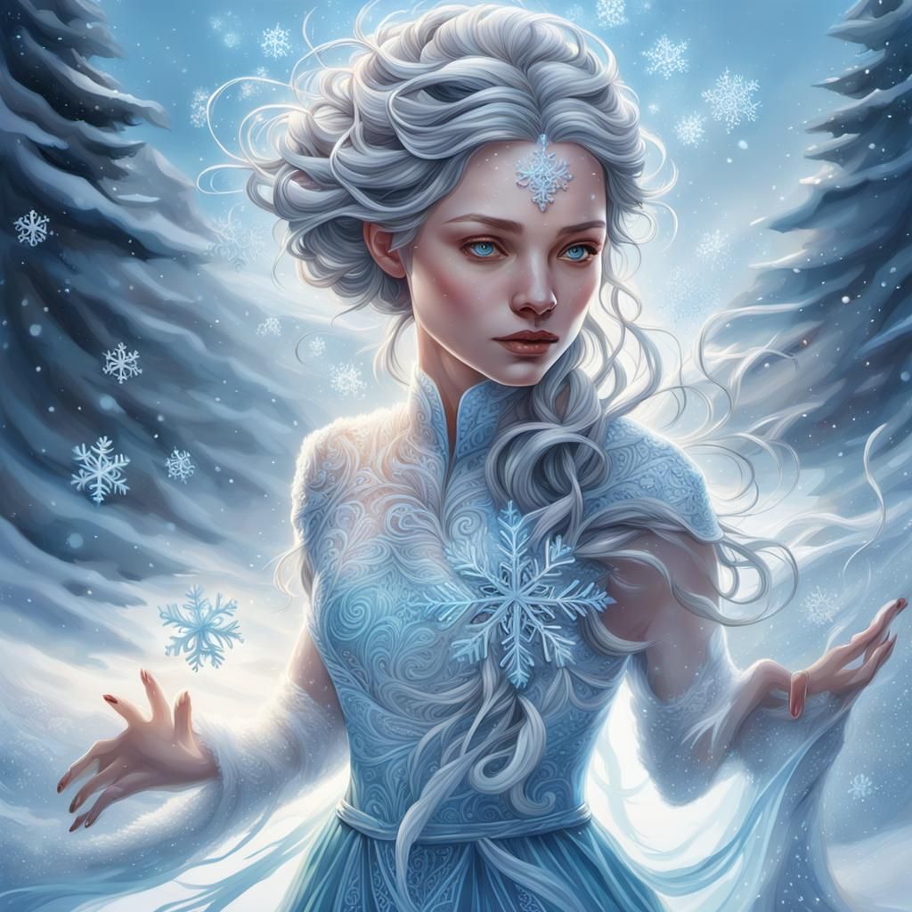 Ethereal Woman in Snowy Scene: Digital Art Portrait