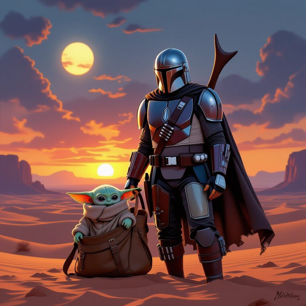 Mandalorian Protects Grogu on Desert Planet at Sunset
