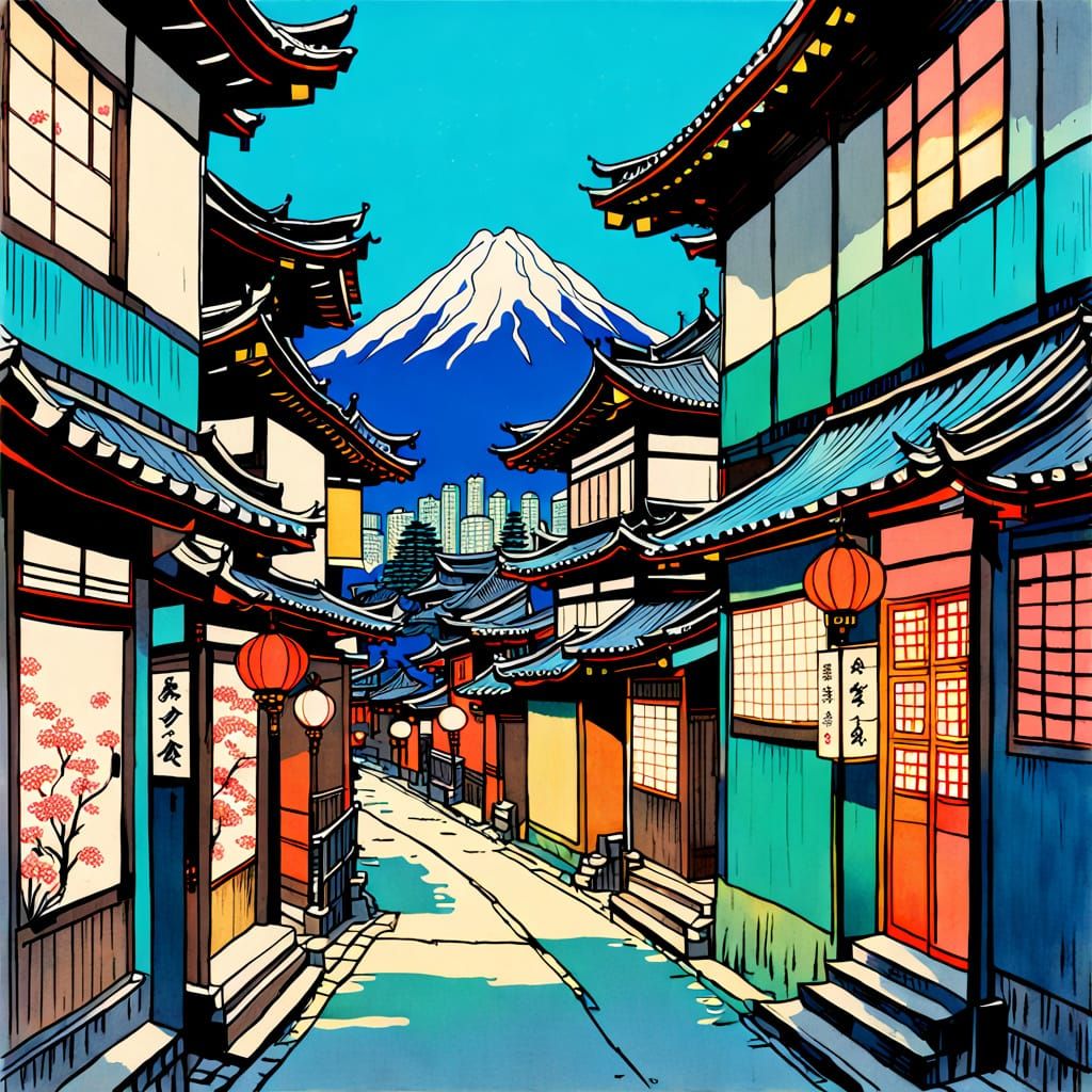 Vibrant Cityscape in Traditional Japanese Style