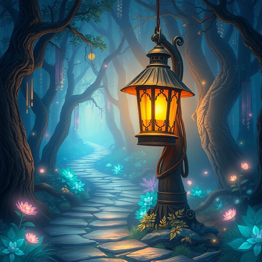 Mystical Forest Path Lit by Ancient Lantern