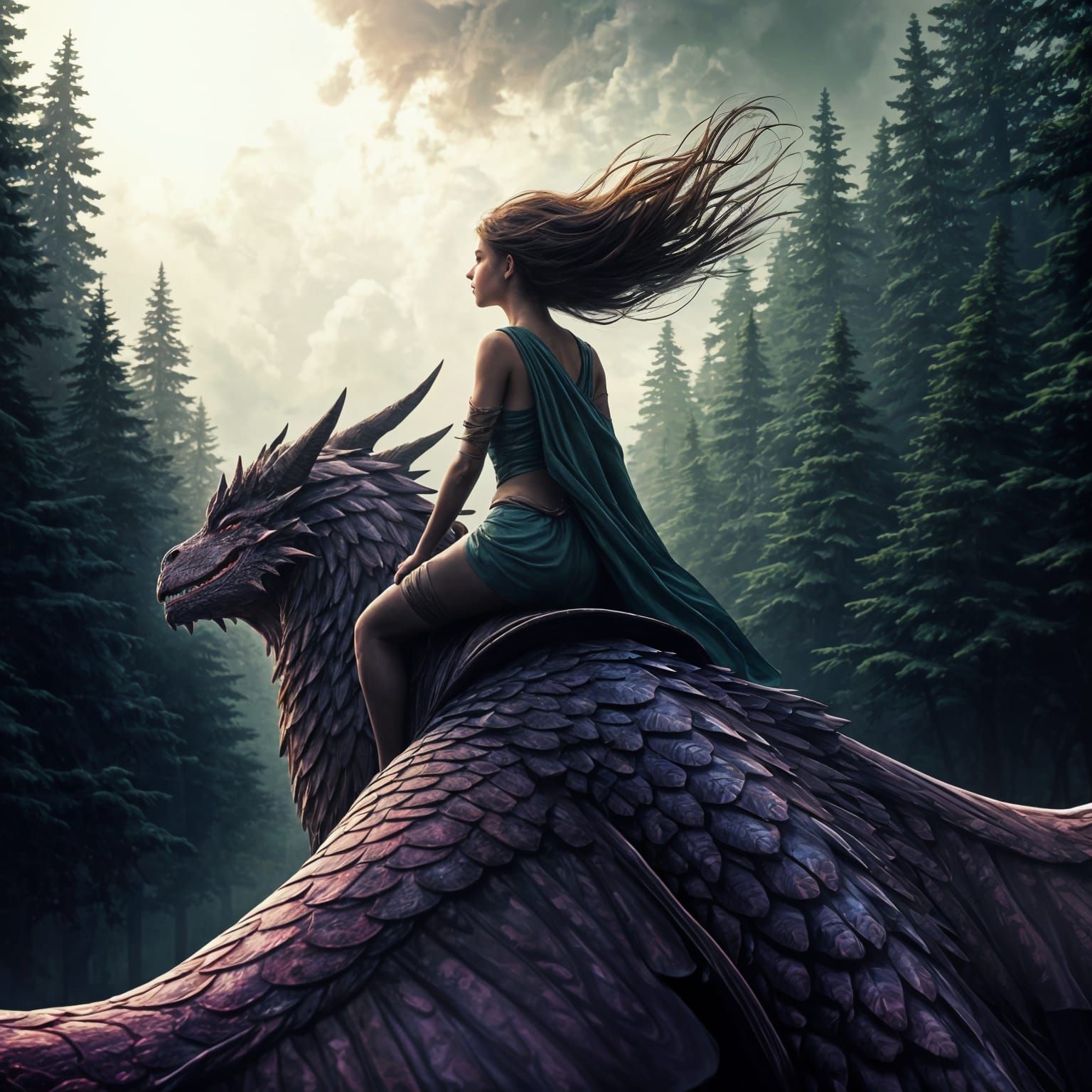 Surreal Portrait of a Lady Riding a Dragon in Flight