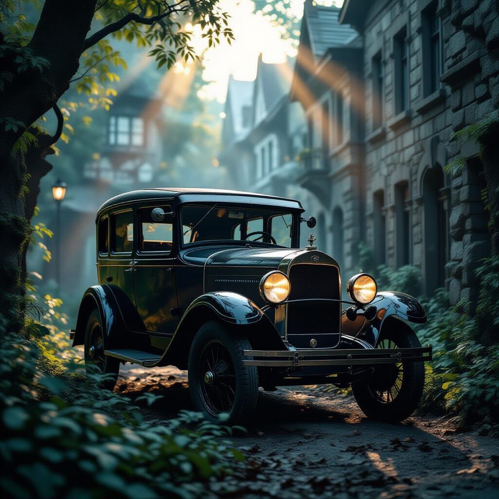 Antique Vehicle in Twilight Cityscape with Dramatic Light