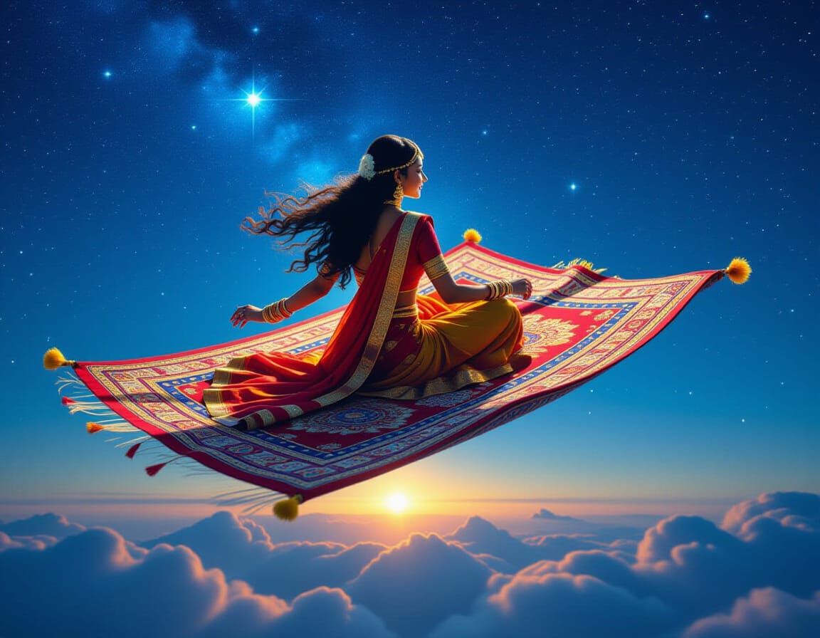Indian Lady on Flying Carpet Soaring in Night Sky