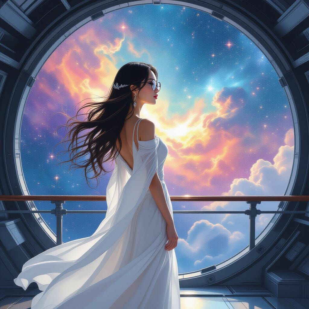 Nebula Dream: Elegant Woman on Interstellar Ship