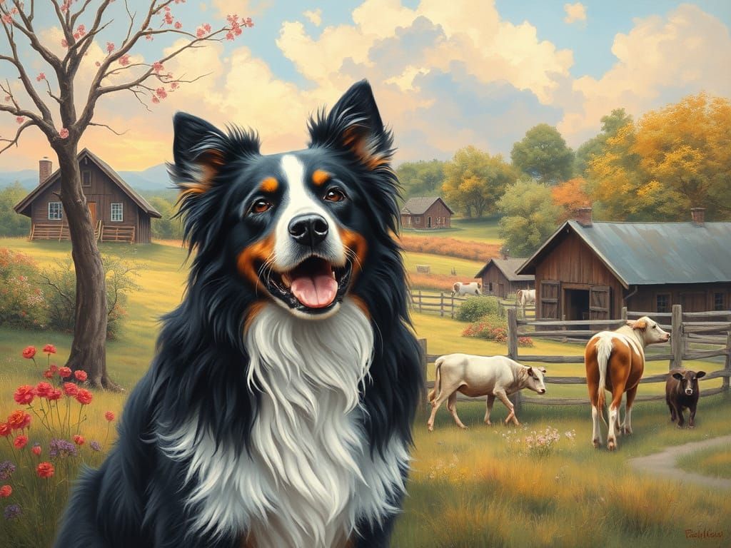 Border Collie on Farm in Lithographic Style