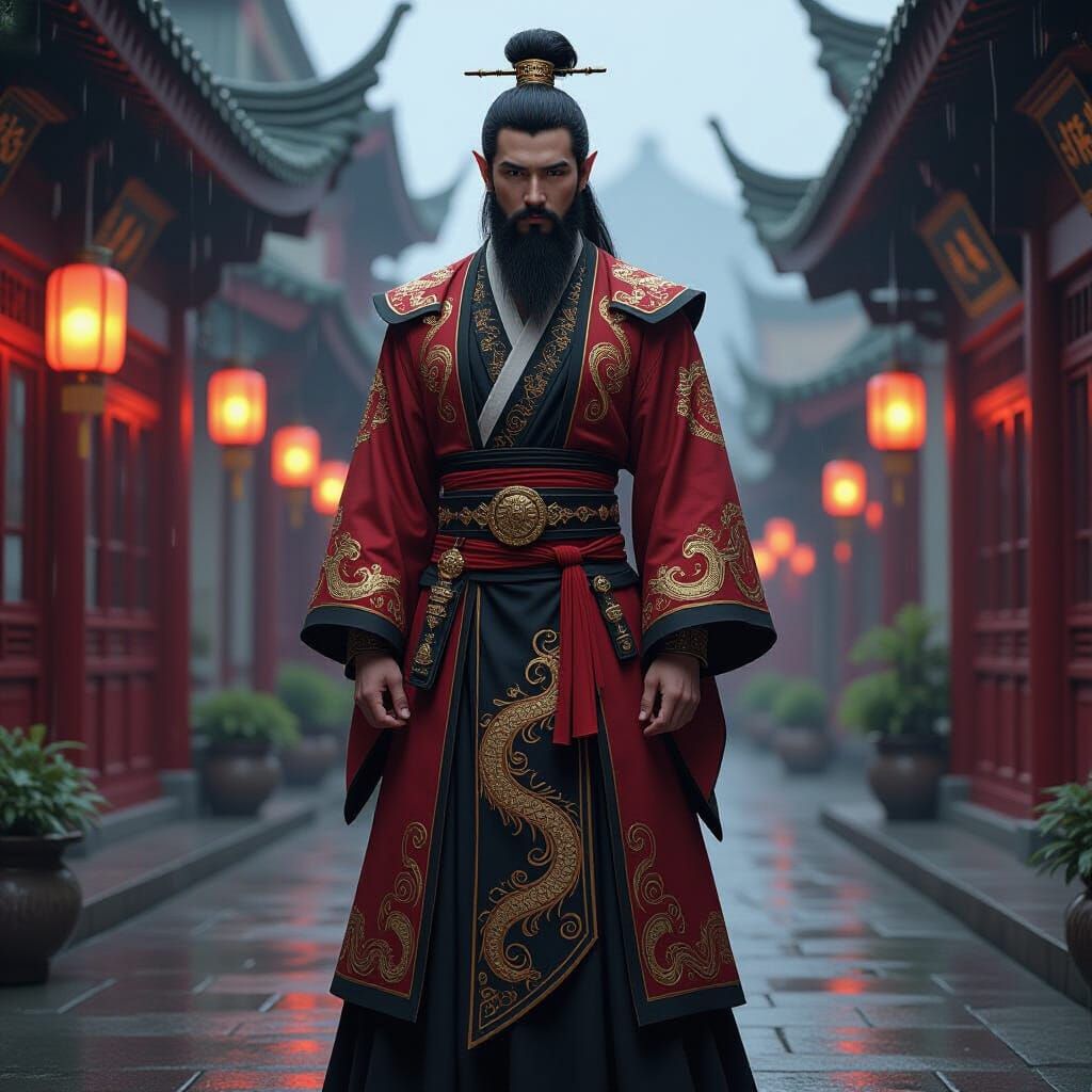 Dark Fantasy Elf-Eared Man in Dragon Hanfu