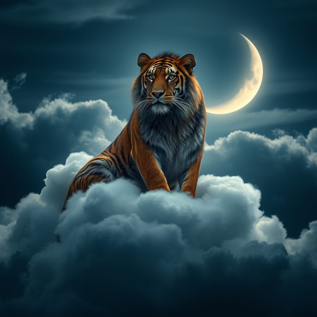Regal Tiger Basks on Plush Clouds Under Crescent Moonlight