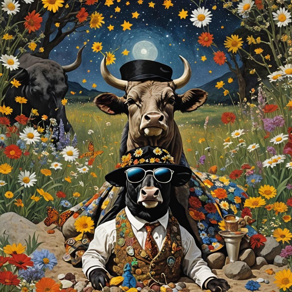 Surreal Cow in Daisy Field, Gothic Hyperrealism