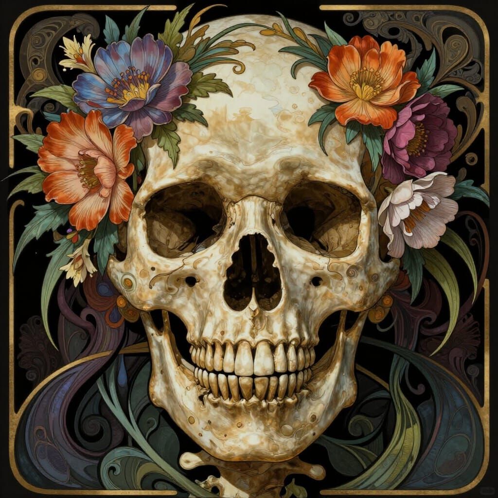 Flower Adorned Skull in Art Nouveau Style