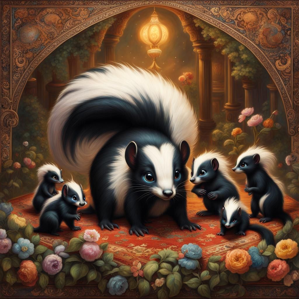 Skunk Family on Persian Rug: Fantasy Art