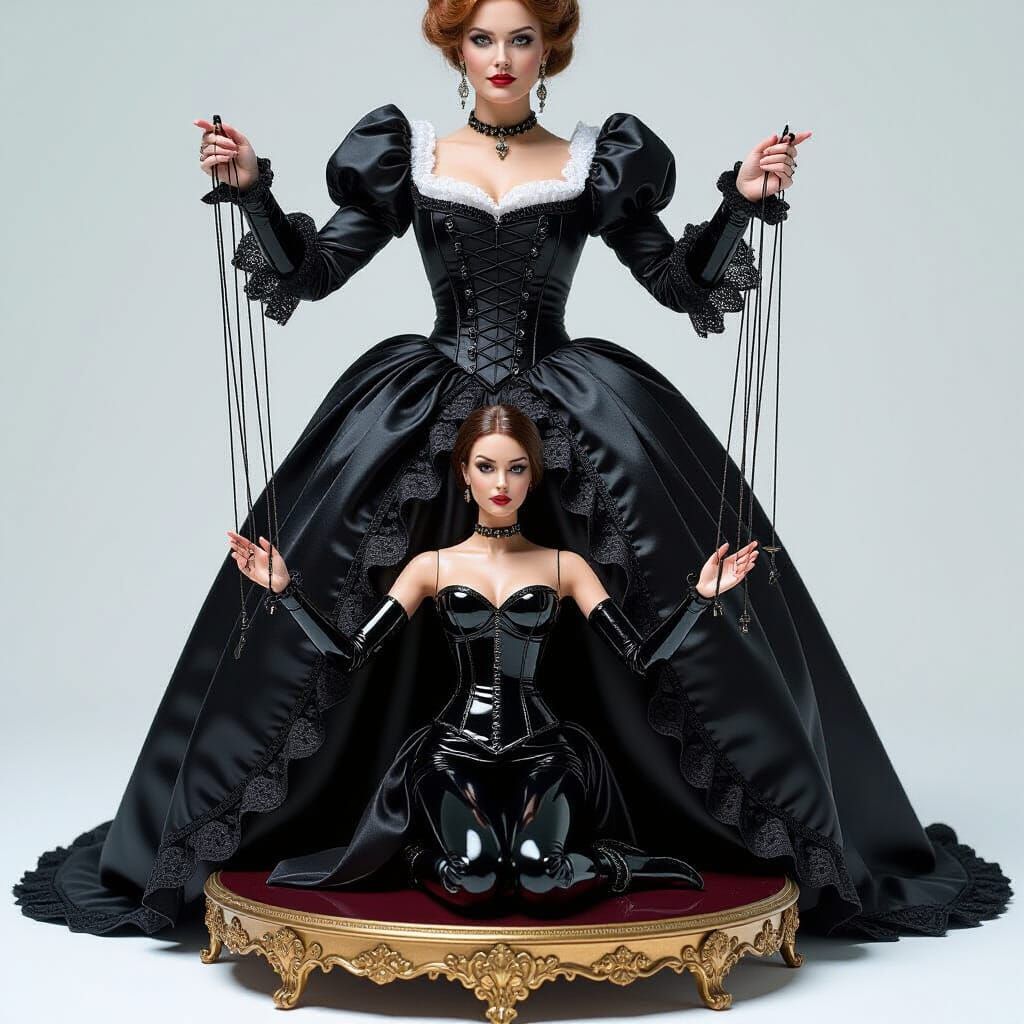 Dominant Woman in Gothic Gown Controls Latex Puppet