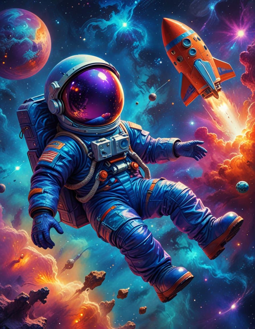 Retro-Futuristic Astronaut Soars Through Cosmic Wonders in W...