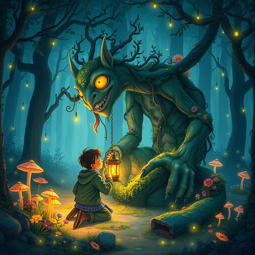 Gentle Forest Spirit Kneels With Child Holding Lantern
