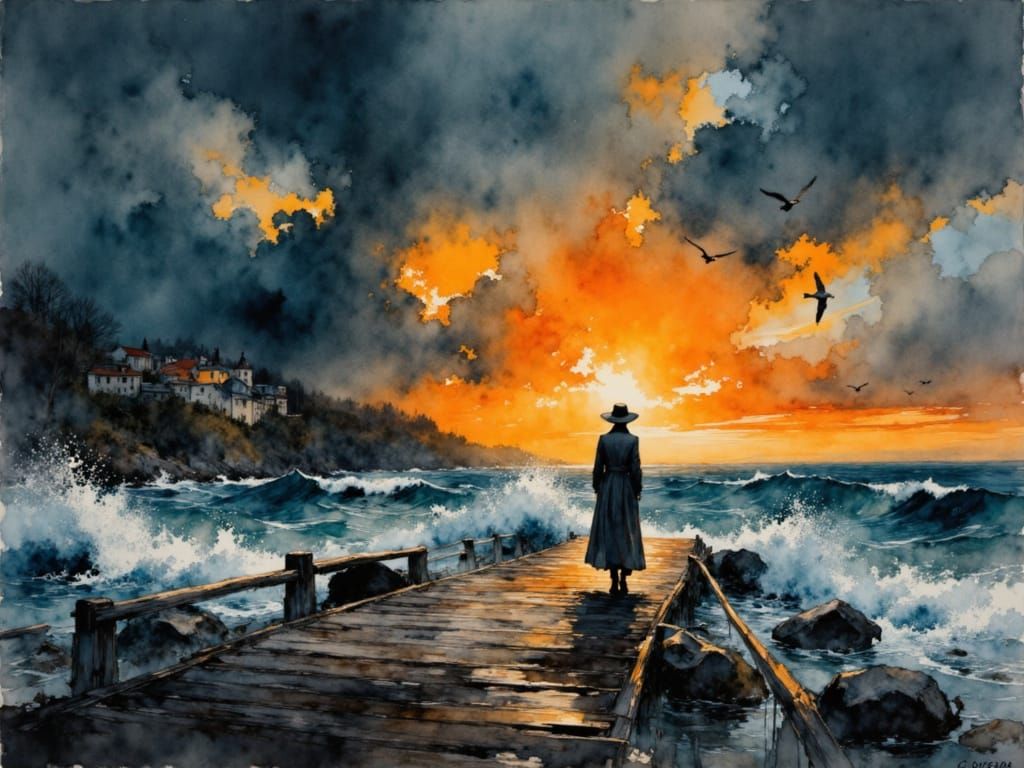 Solitary Figure on Pier Amidst Storm and Sunset