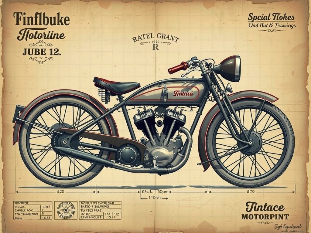 Vintage 1920s Motorbike Blueprint in Precise Engineering Dra...