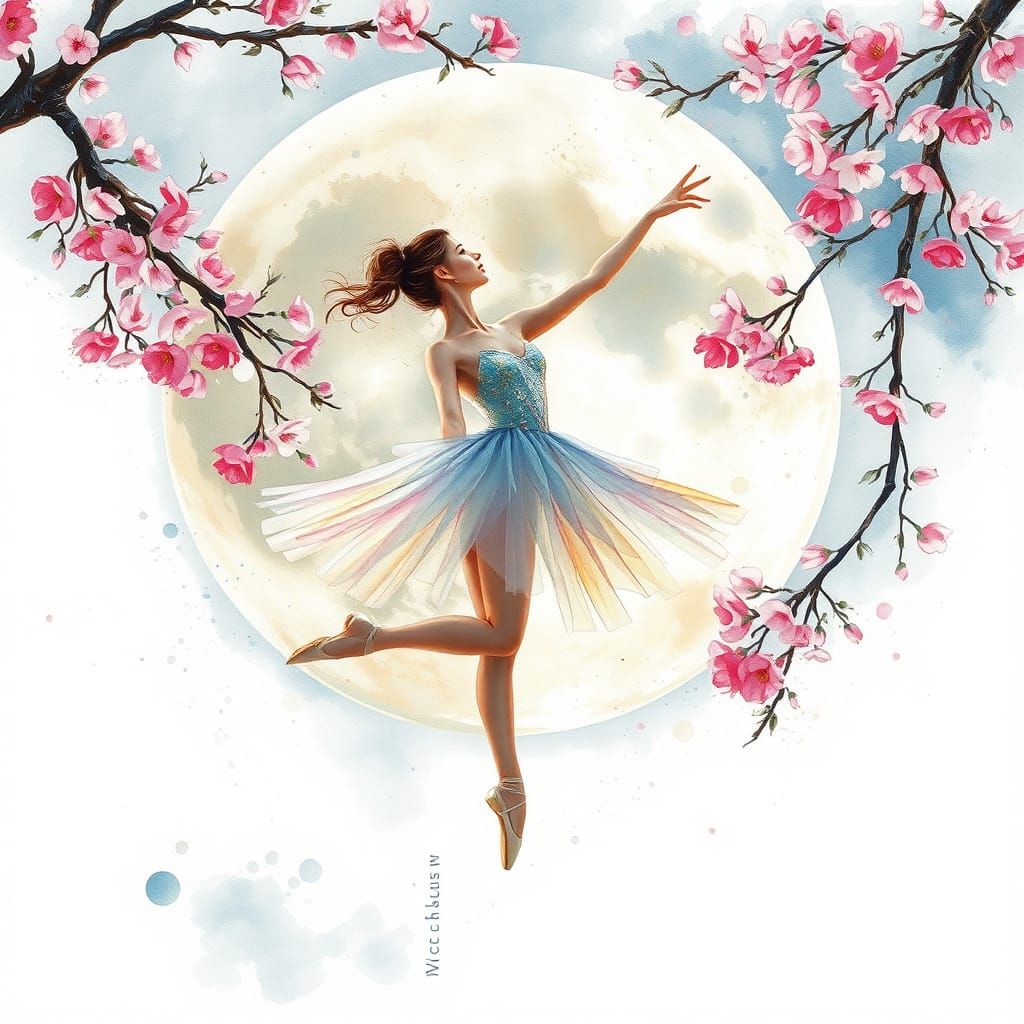 Ballerina Dancing Under Cherry Tree Moon: Watercolour Art