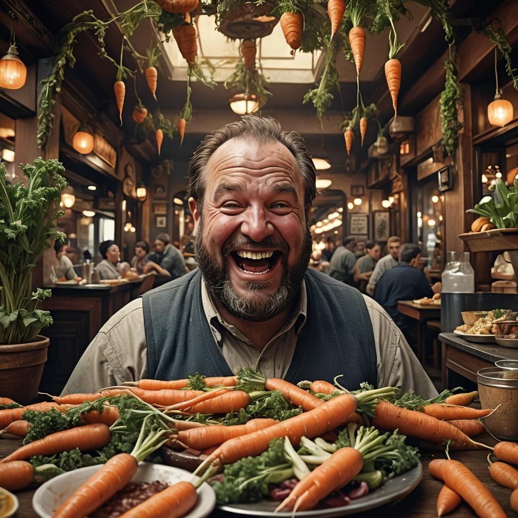 Fat Man in Carrot Ears Enters Restaurant in Epic Digital Pai...