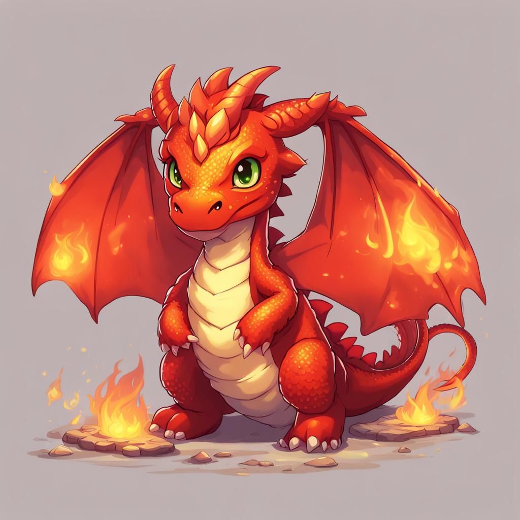 Adorable Little Fire Dragon in Anime Style