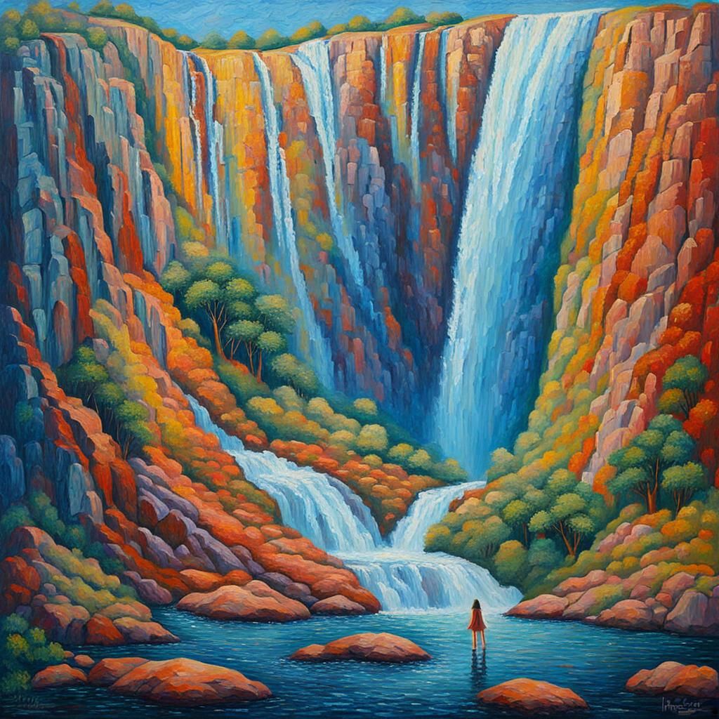 Surreal Waterfall Shaped Like a Woman, Expressionist Oil Pai...
