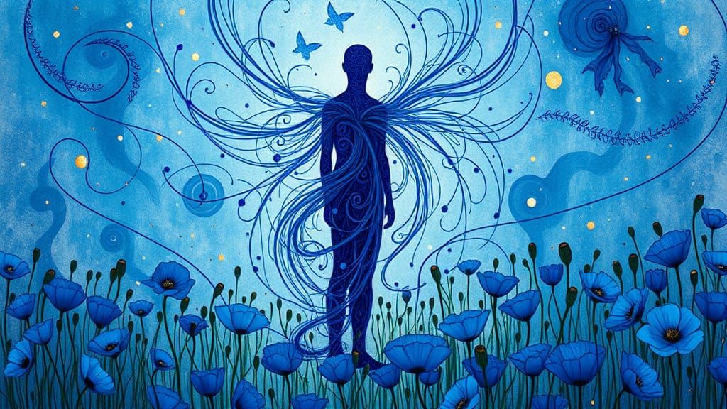 Mystical Figure Amidst Swirling Energy and Blue Poppies
