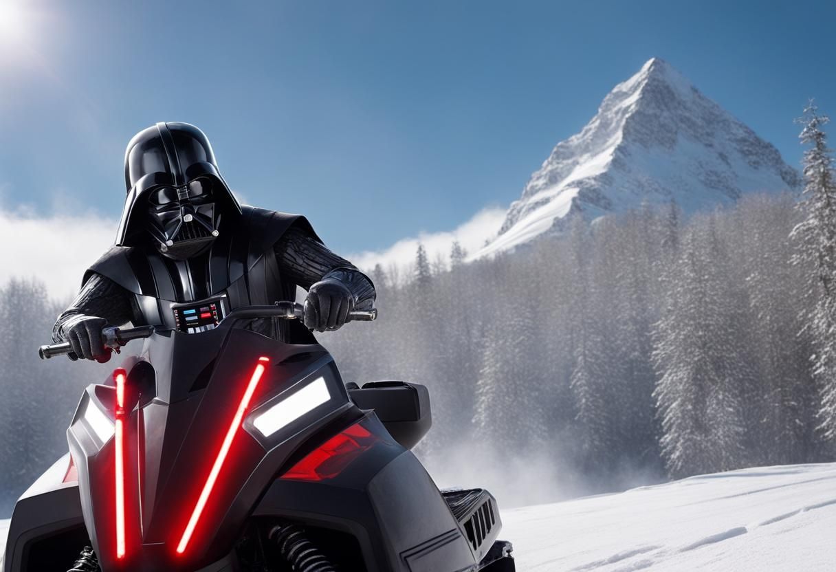 Darth Vader, the notorious Sith Lord on a snowmobile