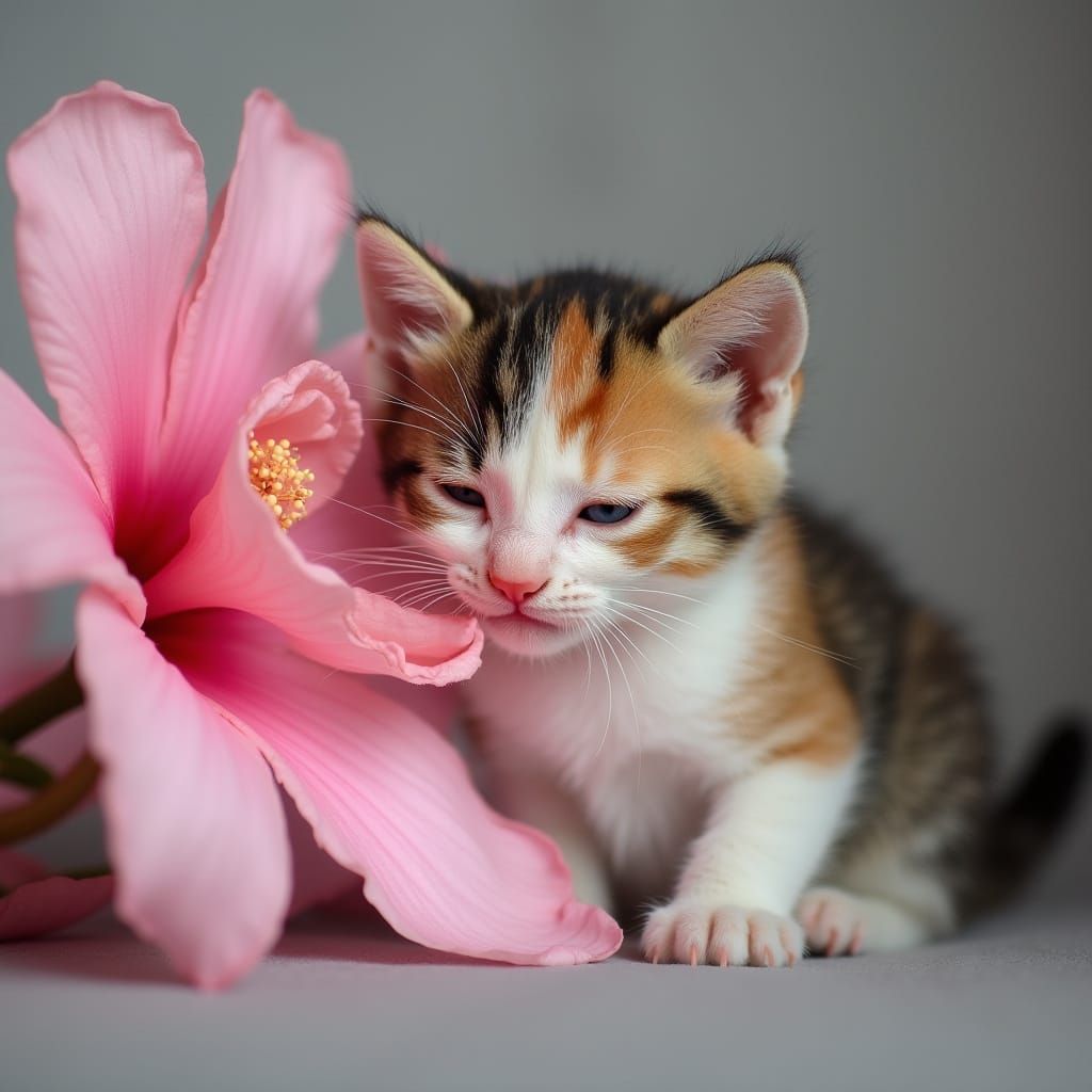 Adorable Tricolor Kitten Sniffs Pink Flower