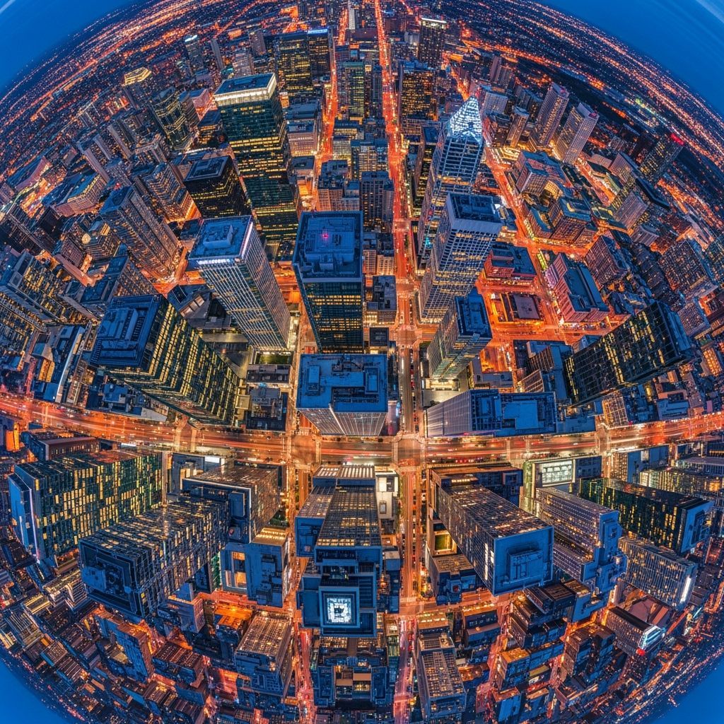 Fisheye Aerial View of a Modern City at Night
