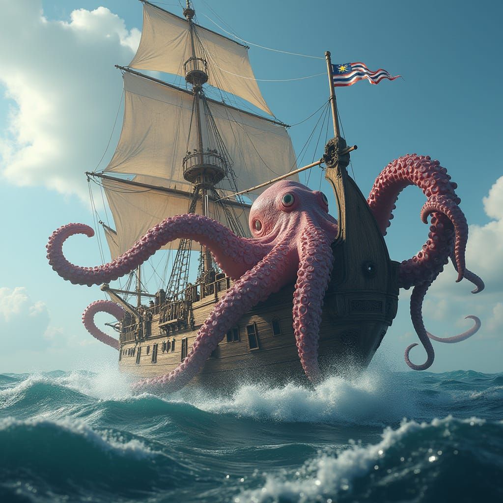 Majestic Sailing Ship Ensnared by a Colossal Octopus in Turb...