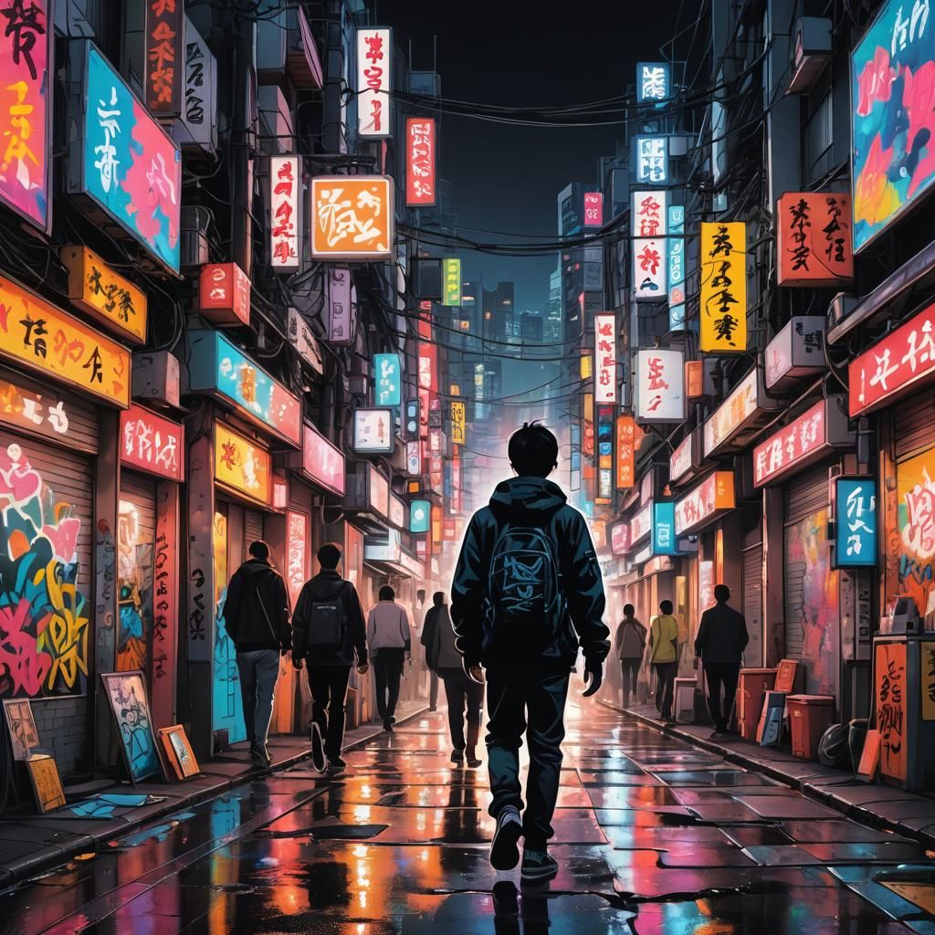 Tokyo Street Silhouette in Graffiti Art Style