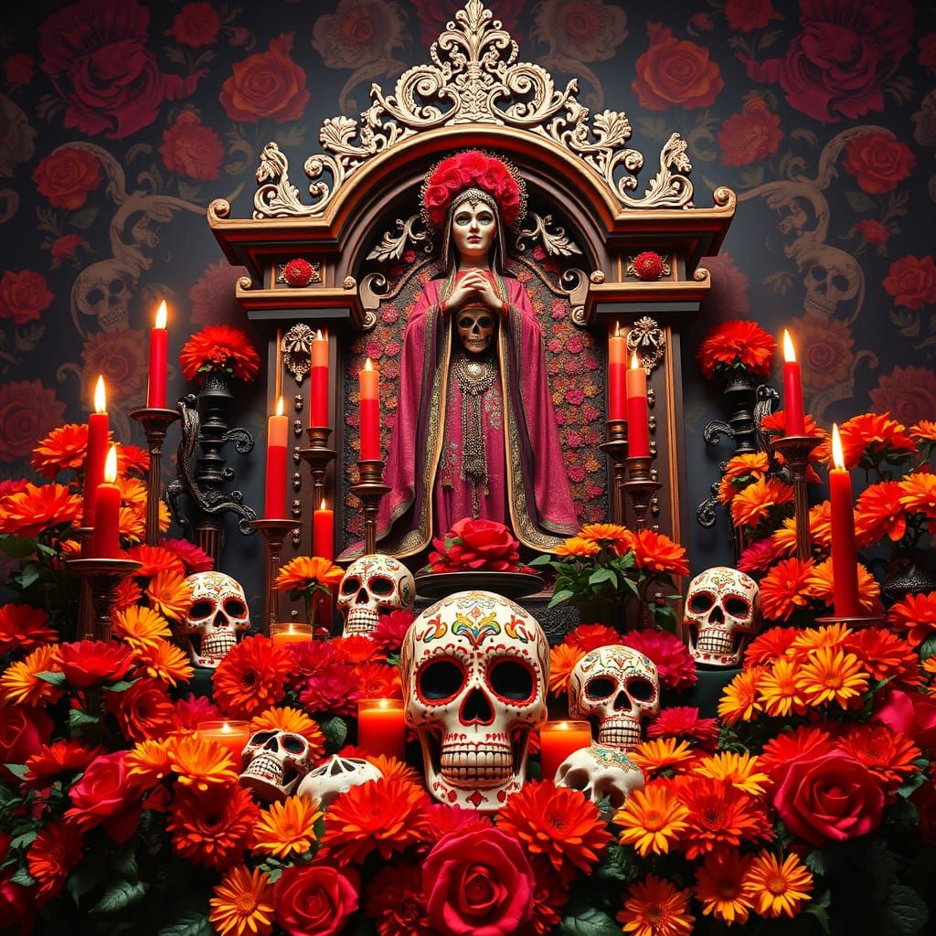 Santa Muerte Altar in Vibrant Mexican Folk Art Style