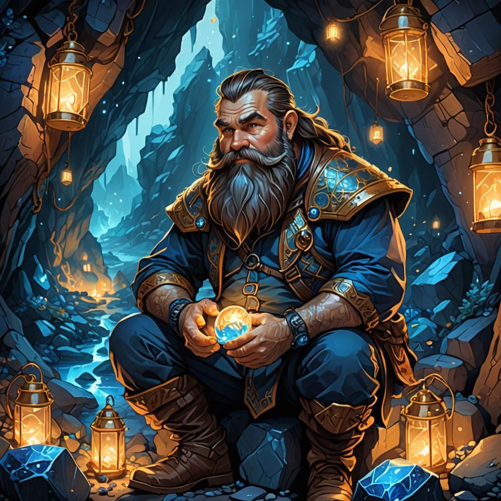 Dwarf miner taking a break to admire the rare gem he's found